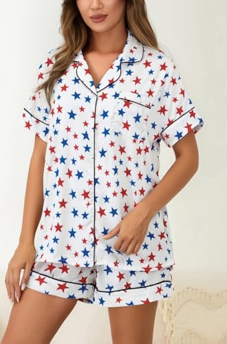 Image of Argeousgor Women 4th Of July Pajama Sets American Flag Short Sleeve Shirt and Shorts 2 Piece Independence Day Pajamas Set