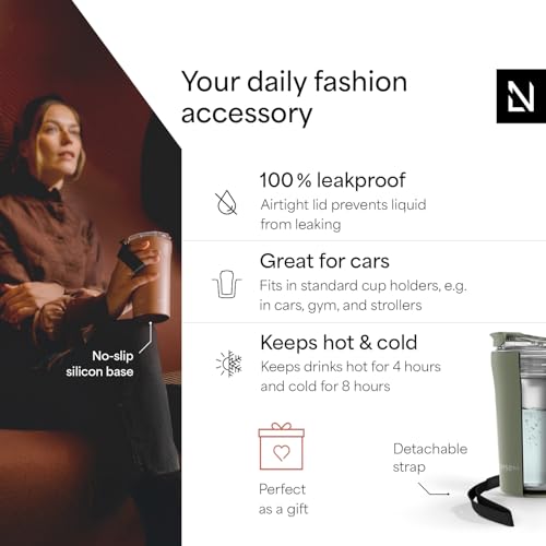 Image of LARS NYSOM Thermo Coffee Mug to go with Strap 13oz | Travel Mug 0.38 Liter with Insulation | Leak Proof Stainless Steel Thermal Tumbler for Coffee and Tea to Go (Sage Green, 12.9oz)