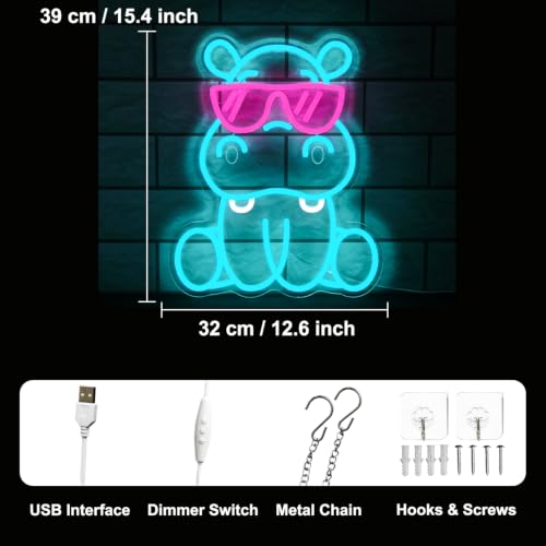 Image of Hippo with Pink Sunglasses Neon Sign Cute Animal LED Sign for Bedroom Decor