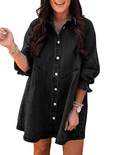 Sidefeel Womens Smocked 3 4 Sleeve Button Down Denim Jeans Dresses X-Large Black