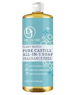 Dr. Jacobs Naturals Fragrance Free Castile All-in-One Cleaner and Soap - Plant-Based Formula for House Cleaning Floors and Appliances - Gentle on Skin and the Planet - 32 oz, 1 Pack