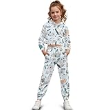 YECARYPOD Cat with Book Girls Crop Top Hoodie and Sweatpant Set for Kids 2 Piece Outfits Pants Set Active Sweatsuit Fashion Tracksuit Long Sleeve Pullover Sweatshirt Jogger Pants