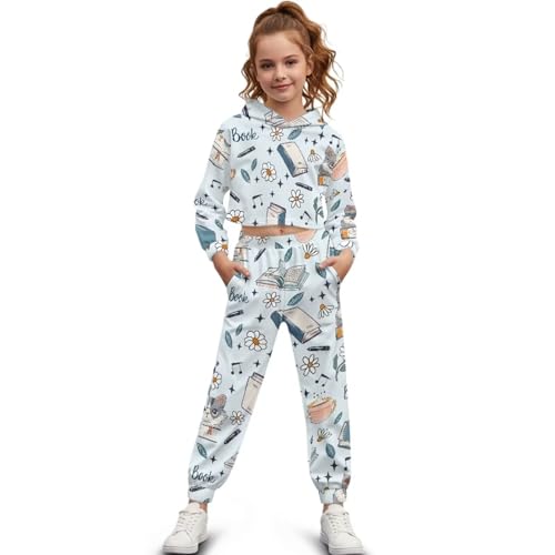 YECARYPOD Cat with Book Girls Crop Top Hoodie and Sweatpant Set for Kids 2 Piece Outfits Pants Set Active Sweatsuit Fashion Tracksuit Long Sleeve Pullover Sweatshirt Jogger Pants