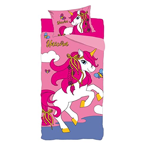 CARTOON Completo lenzuola per bambini, set 3 pezzi, sotto lenzuola con angoli, lenzuola, federa, letto singolo, 100% Cotone (Unicorno)