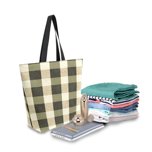 Extra Large Shoulder Tote Bag for Beach Travel Weekender Gym Olive - Black Check Pattern Reusable Grocery Canvas Shopping Bag3