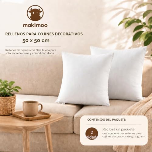 Miniatura 5 de Makimoo Inserciones De Cojines De 50 X 50 Cm, Inserciones De Almohadas Relleno De Fibra Hueca Para Sofá, Almohadillas De Cojines De Ropa De Cama Paquete De 2