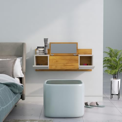 Image of Bniture Engineered Wood Wall Mount Dressing Table with 2 Door, Mirror and Huge Storage Space | Wall Mount Vanity (Giant Wood & Frosty White, HXDR109)