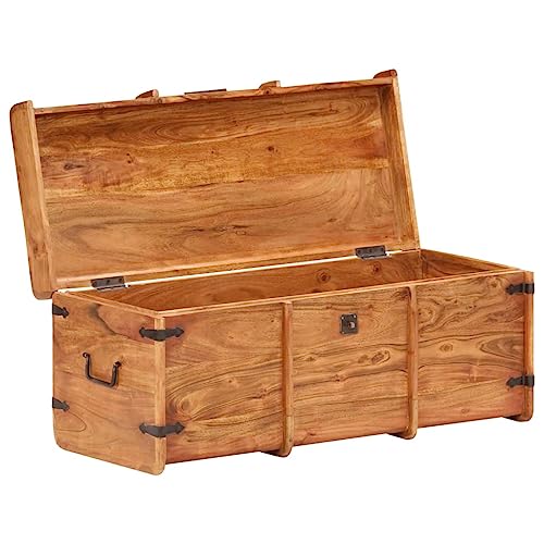 Baúl de madera maciza de acacia 90 x 40 x 40 cm con tapa con cerradura y asas laterales, versátil caja de almacenamiento para dormitorio, salón, pasillo con asiento robusto