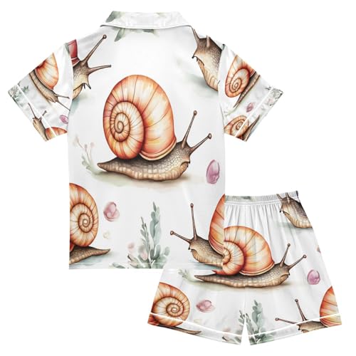 Satin Pajama Sets Short Sleeve Cute Snail Pattern Print Button Down Silky Nightwear 2 Piece PJS 5-14Y2