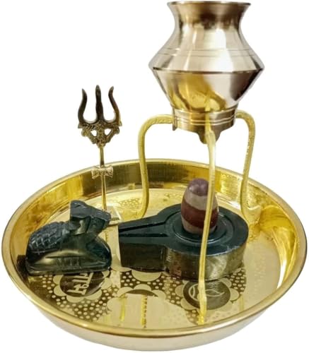 Narmadeshwar Shivling with Jaldhara Abhishekam Set Stand Lota Trishul (Puja Plate Set), Black, Brown