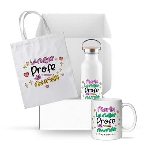 L´INFORAL - Taza Personalizada + Botella Personalizada 500ml + Bolsa Tote - Personaliza con Nombres de Alumnos - Regalo Emotivo para Maestras y profesoras
