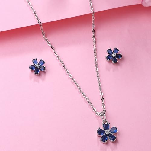 Image of ZENEME Rhodium Plated Silver Toned American Diamond Studded Floral Shaped Pendant Chain With Earrings Jewellery Set For Women And Girls