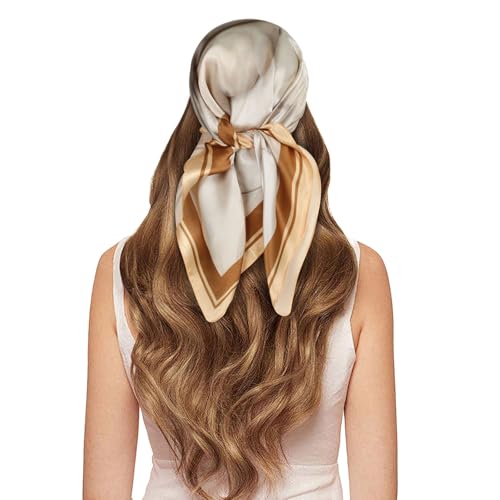 EXTREE 100% Pure Mulberry Silk Scarf Fashion Hair for Women Scarf Lightweight Square Neckerchief 27.5× 27.5 inches Sand Painting Light Brown