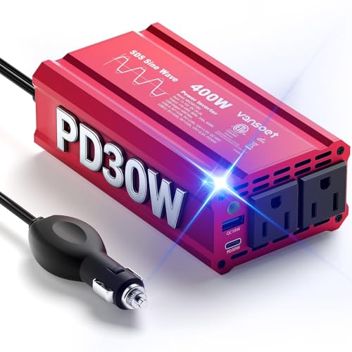 400W Peak Clipped Sine Wave Car Power Inverter DC 12V to AC(2 Outlets) 110V Car Charger Plug Adapter Power Converter with PD3.0 & QC18W Dual USB Charg