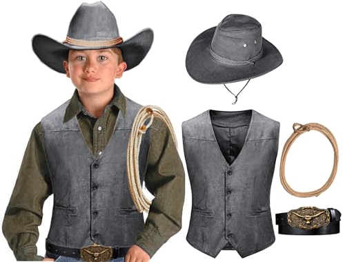 KAIPUTE Kids Western Cowboy Costume Boys Vest Hat Belt for Halloween Party Cosplay 5-6T Gray