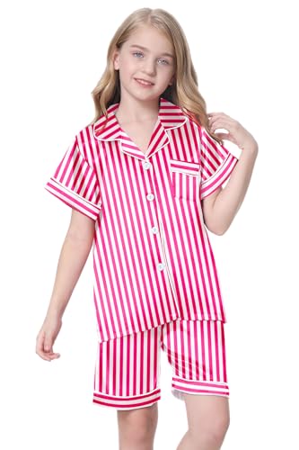 Image of Schbbbta Girls Womens Pajamas, Satin Silky Pjs Set Kids 2Pcs Button-Down Nightwear Sleepwear Gift for Mommy and me