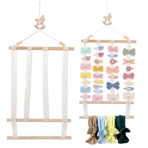 Image of HASTHIP Wooden Wall Hanging Hair Accessories Organizer Boho Macrame Baby Hair Clip Organizer for Girls Bow Holder Headbands Baby Clips Nursery Storage Display with Lace Strips for Kids Room Decor