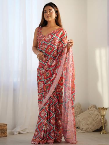 Image of Panzora Women's Chinon Printed Saree With Unstitched Blouse Piece