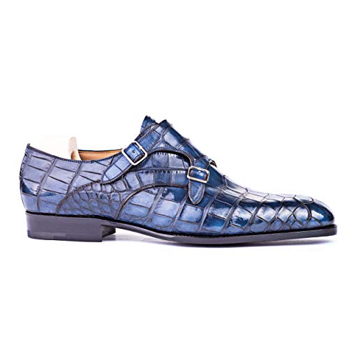 Costoso-Italiano-Goodyear-Welted-Tendring-Mens-Blue-Croc-Print-Leather-Formal-Slip-On-Buckle-Monk-Strap-Shoes-with-Violin-Leather-Sole