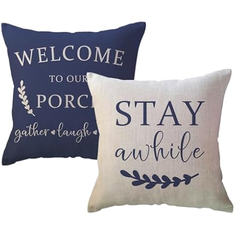 ULOVE LOVE YOURSELF Porch Decor Throw Pillow Covers 18x18,2Pack Country Farmhouse Pillowcases Welcome to Our Porch Stay Awhile Front Porch Bench Decor Cushion Covers (Blue) Cover