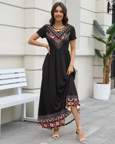 Image of COSSEN Women's Crew Neck Short Sleeve Maxi Dress with Pockets Casual Loose Swing for Wedding Guest Beach Vacation