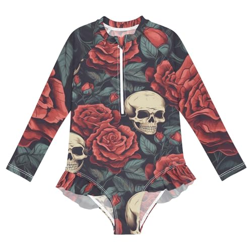 Girls One Piece Swimsuits Long Sleeve Swimsuit Zipper Bathing Suits Skull Skeleton Head Rose - Main Image