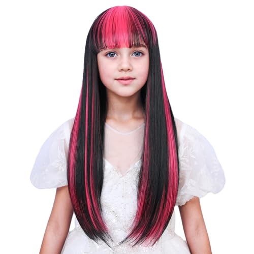 WAVELNM Kids Black and Pink Wig with Bangs Child Black Wigs with Pink Highlight Long Straight Wigs for Kids Girls Daily Halloween Cosplay Wig