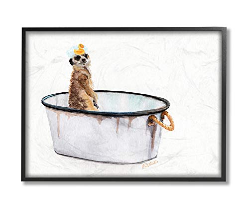 Image of 'Meerkat Bubble Bath Vintage White Tin Tub'| Framed Giclee Art | Stupell Industries | Black, 20 x 16 Inches, Easy to Hang and Sturdy, Made in USA, by Jennifer Redstreake