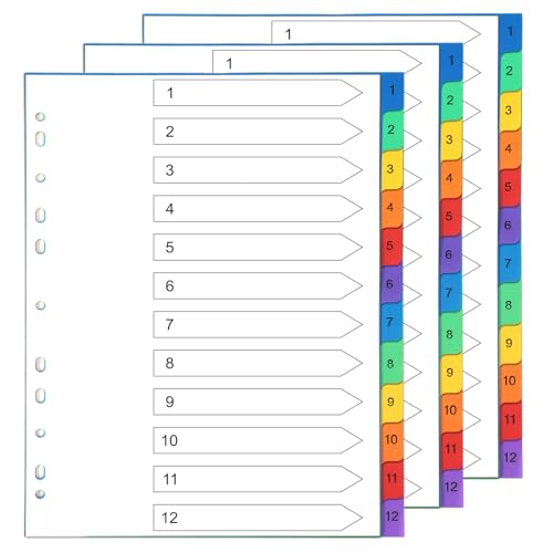 Thboxes File Dividers A4 3 Pack 1-12 Part Folder Dividers Coloured