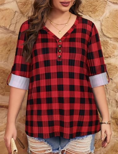 Image of Koscacy Women Plus Size V Neck 3 /4 Roll Sleeve Sweater Casual Knit Tops Solid Color Blouses