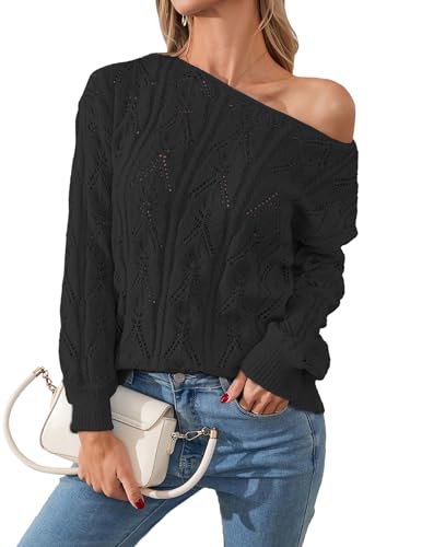 Image of Libsorge Womens Cute Sexy Off The Shoulder Crochet Knit Sweater Fall Winter 2025 Trendy Lightweight Boat Neck Pullover Top