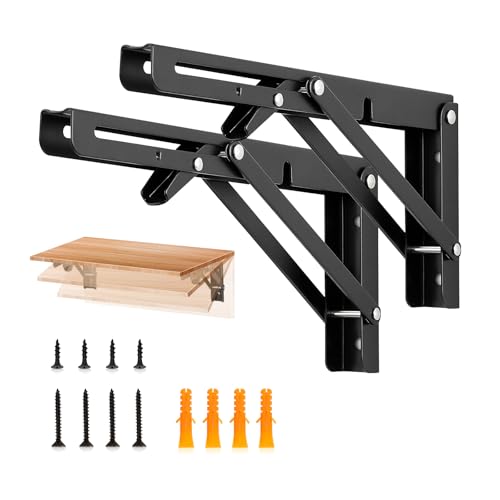 JOY DECOR 10 Inch Heavy Duty Folding Shelf Brackets, 2 Pack (1 Pair) Collapsible Wall Mounted Brackets for Fold Down Table, Stainless Steel Folding Table Hinge, Matte Black