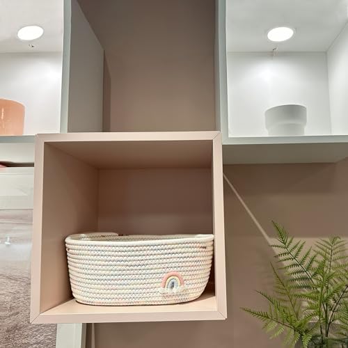 Image of SHIANCE&LI Small Woven Rainbow Basket with Gift Bags and Ribbons, Cute Empty Gift Decorative Basket For Baby Storage Nursery, Cotton Rope Basket with Handles,12 inchx 8 inch x 5 inch (Rainbow)