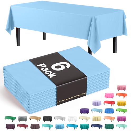 Party Solids 6-Pack Premium Plastic Tablecloth 54in. x 108in. Rectangle Plastic Table Cover - Light Blue