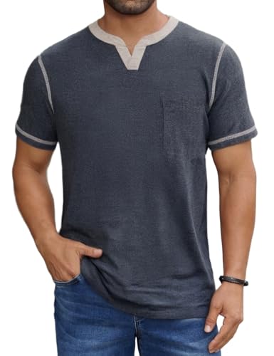 LuxMania Men's Casual Henley Shirt Short Sleeve Summer V Neck Solid T-Shirt Tops Whith Pocket Black XL