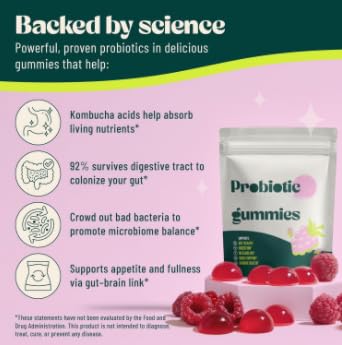 𝗣𝗿𝗼𝗯𝗶𝗼𝘁𝗶𝗰 Kombucha Gummy - Promueve la salud intestinal, apoya la salud digestiva y alivia la hinchazón - Probióticos para mujeres y hombres - Vegano, sin OGM
