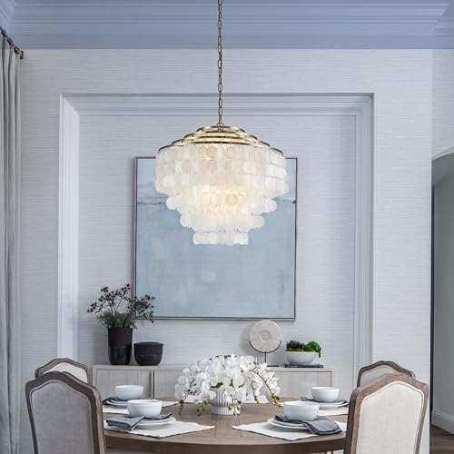 ALOADECOR W 22in 6-Light Farmhouse Coastal Capiz Seahells Chandelier 4-Tier Vintage Natural White Seashell Hanging Light in Antique Gold for Dining Room Living Room - Image 7