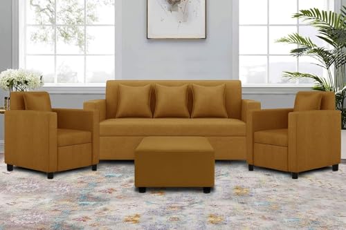 Image of 3+1+1 Seater Sofa Set with Ottoman -Modern Velvet Fabric Sofa Set for Living Room, Deep Seating Comfort with Cushions - Golden Color