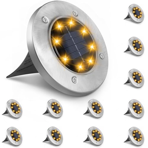 Blakapoo Solar Lights Outdoor Garden Stake, Warm White, 12 Pack Solar Ground Lights, 8 Led Disk Outdoor Garden, Waterproof IP65, Solar Path Lights for Lawn, Yard, Stairs, Patio, Pathway, Landscape