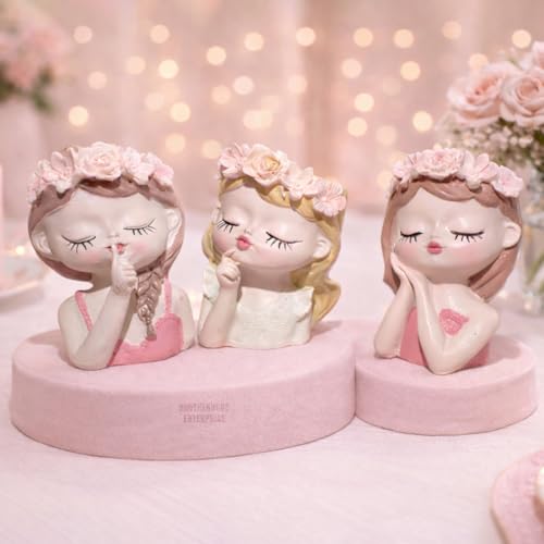 Image of Cute Beautiful Combo Pack of 3 Girls Succulent Planter Pots Resin Creative Flowerpot Plant Pot Planter Container for Home Garden Office Desktop Decoration (3 Pink Girl Set)