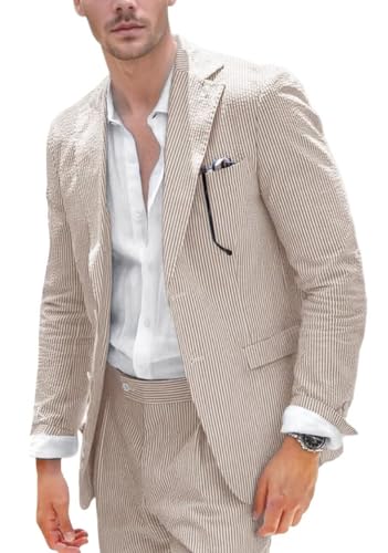 Seersucker Suit Mens 2 Piece Summer Beach Wedding Outfit for Men Classic Fit Casual Sear Sucker Suit for Grooms Prom Party