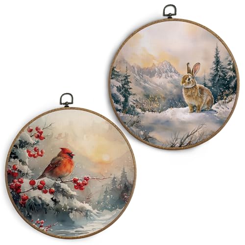 KTYHD Vintage Winter Cardinal Bunny Round Wall Art Christmas Winter Red Cardinals Rabbit Snowy Holiday Canvas Wall Art Set of 2 Winter Scene Snow Mountain Nature Forest Berry Tree Wall Decor