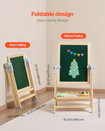 Image of VEVOR Art Easel for Kids, 2-in-1 Wooden Double-Sided Kid's Art Easel with Magnetic Whiteboard & Chalkboard, Adjustable Standing Rotatable Foldable Drawing Board with Painting Accessories for Boy Girl