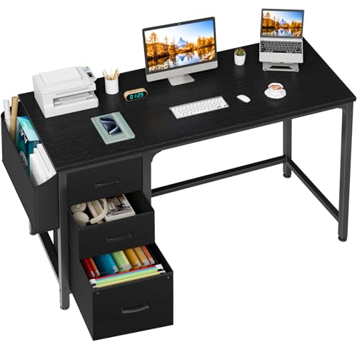 Lufeiya Computer Desk with Fabric File Drawers Cabinet, 55 Inch Reversible Home Office Desks with Filing Cabinet, Study Writing Table PC Desks with Storage for Bedroom, Black
