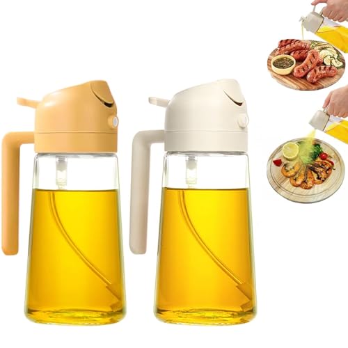 Pulverisateur d'huile et Distributeur 2 en 1, 2pc 500 ml Spray Huile d'olive Vaporisateur Huile, bec Verseur et Pulvérisateur, Distributeur de Vinaigre Verre pour Cuisine (blanc crème + orange)