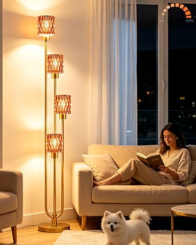 Image of Lightdot 4-Lights Glass Floor Lamp Dimmable Gold Floor Lamps with Deep Red Glass Shade 3000K Bulbs Included Unique Modern Standing Tall Lamp with 5Lbs Heavy Base for Living Room /Bedroom /Sofa Beside