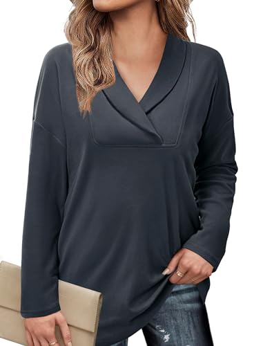 Image of Women's Long Sleeve Tops Fall Shawl Neck Tunic Tops for Leggings Casual Blouse Sweatshirt