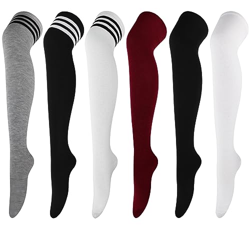Image of DRESHOW 6 Pairs High Thigh Socks Striped Over Knee Thin Tights Long Stocking for Women Leg Warmer