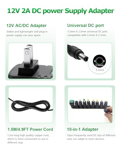 Arkare 12V Power Supply 2A AC/DC Adapter 12Volt Wall Charger Replacement Power Cord AC 100V-240V to DC 12Volt 2A 1.5A 1A Converter for Security Camera BT Speaker GPS Webcam Router Scanner with 10TIPS