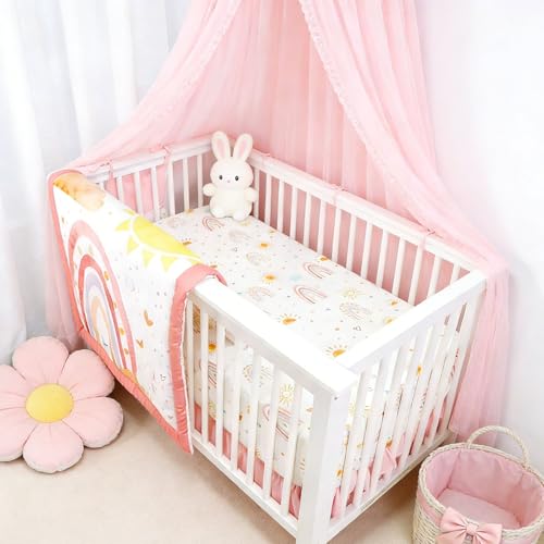Image of CARULLI Crib Bedding Set for Girls, 4-Piece Pink Rainbow Baby Crib Bedding Set, Soft & Cozy Crib Sets Includes Comforter, Fitted Crib Sheet, Crib Skirt, and Diaper Stacker
